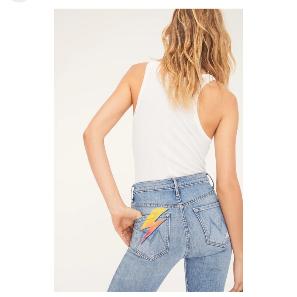 Mother the Stunner Ankle Step Fray Jeans Distressed Lightning Bolt